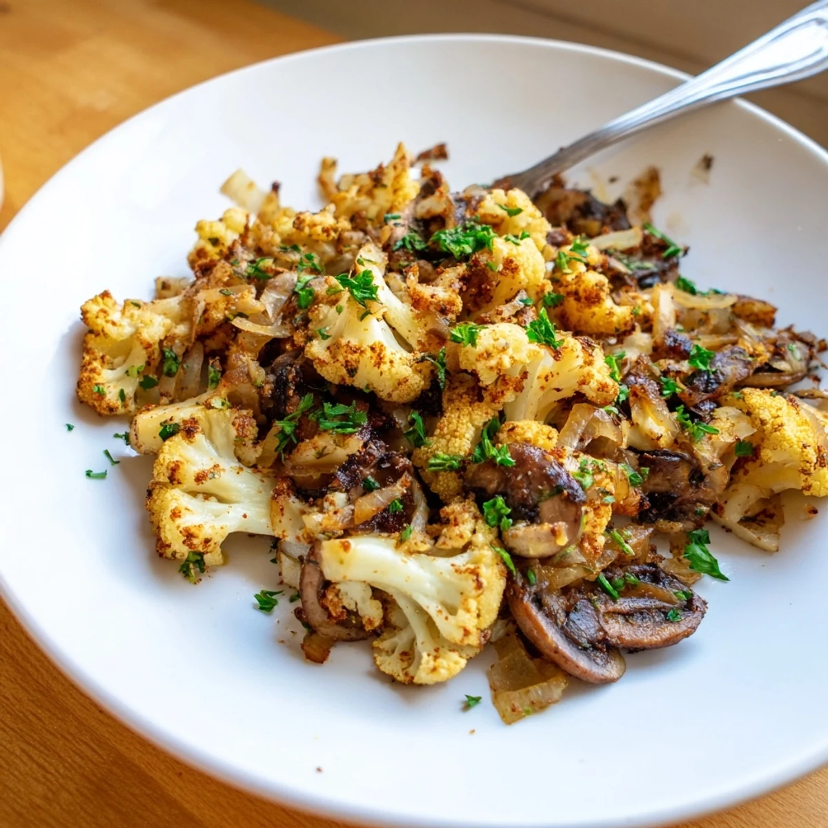 Vegetarian garlic mushrooms and cauliflower skillet dish featuring golden vegetables with smoked paprika and fresh herb garnish