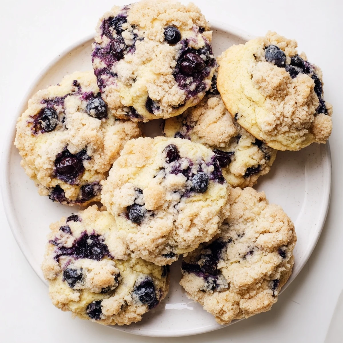 Golden blueberry muffin cookies with crumbly streusel topping fresh from the oven on parchment paper