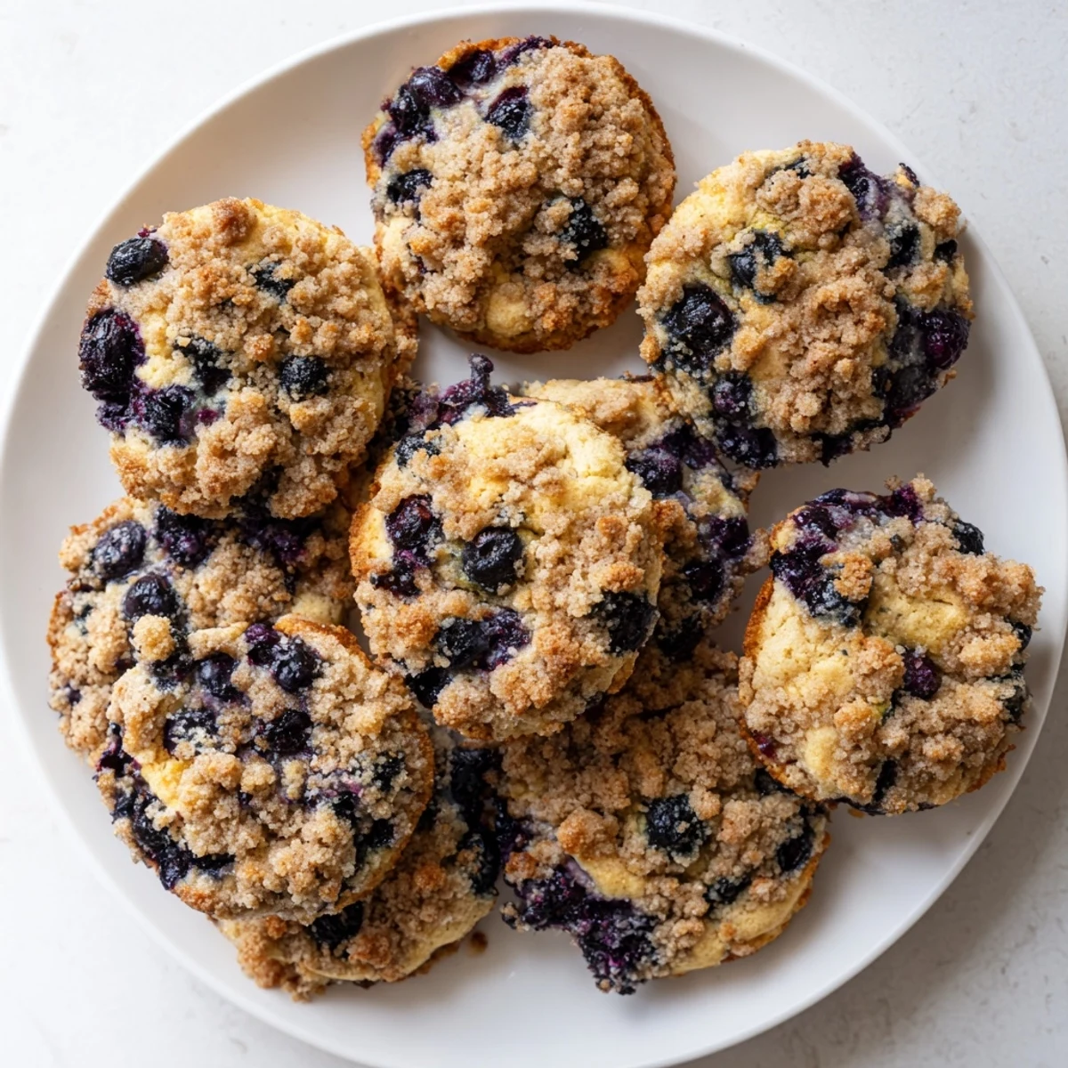 Soft blueberry muffin cookies topped with buttery cinnamon streusel on a white wire cooling rack