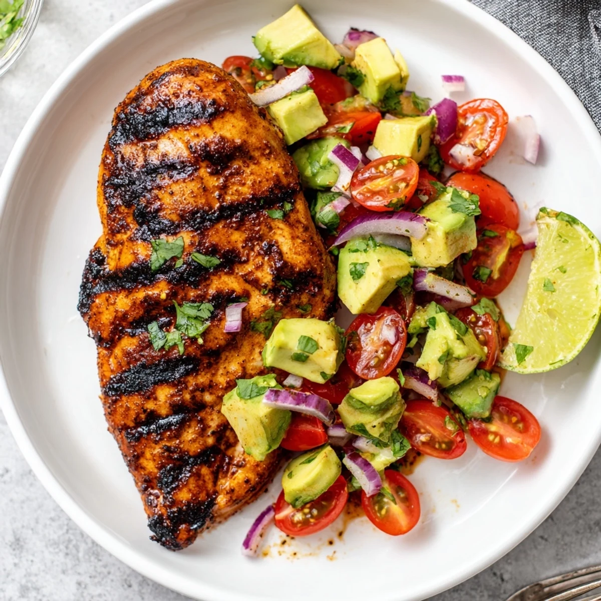 Juicy Grilled California Avocado Chicken on platter, creamy salsa, lime garnish