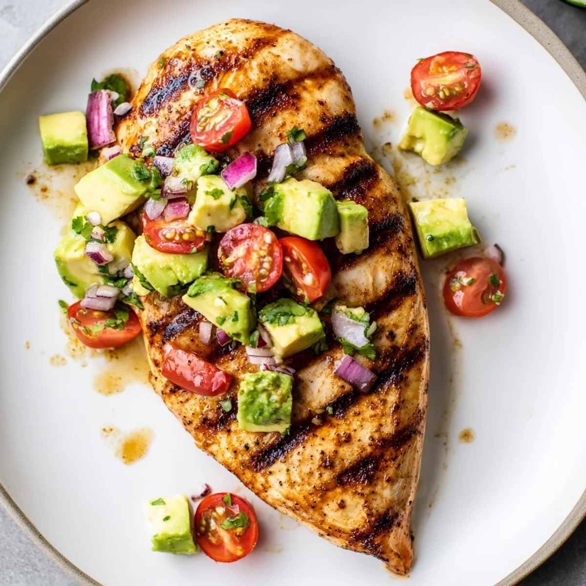 Sliced Juicy Grilled California Avocado Chicken topped with bright avocado-tomato salsa