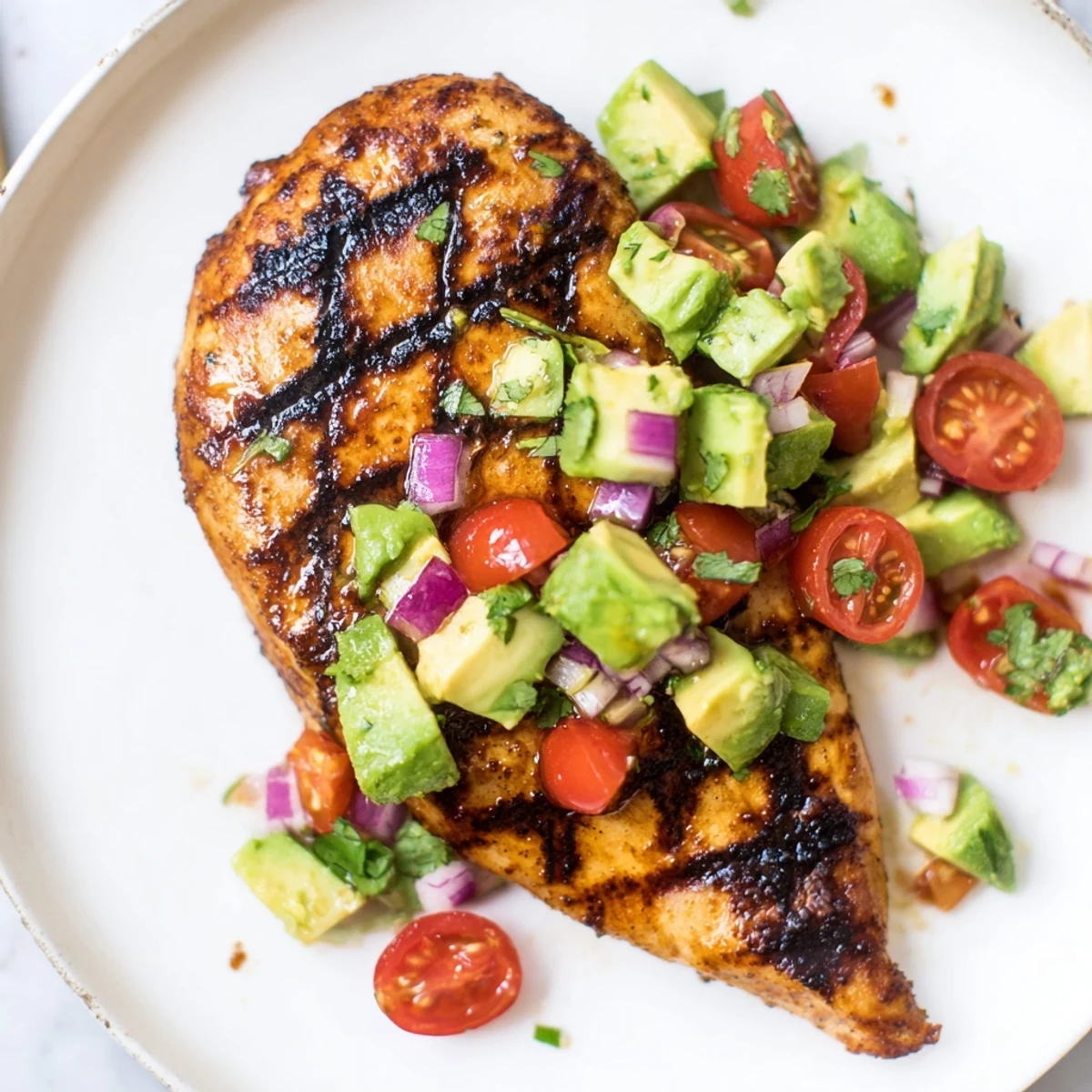 Charred, smoky Juicy Grilled California Avocado Chicken served with crisp green salad