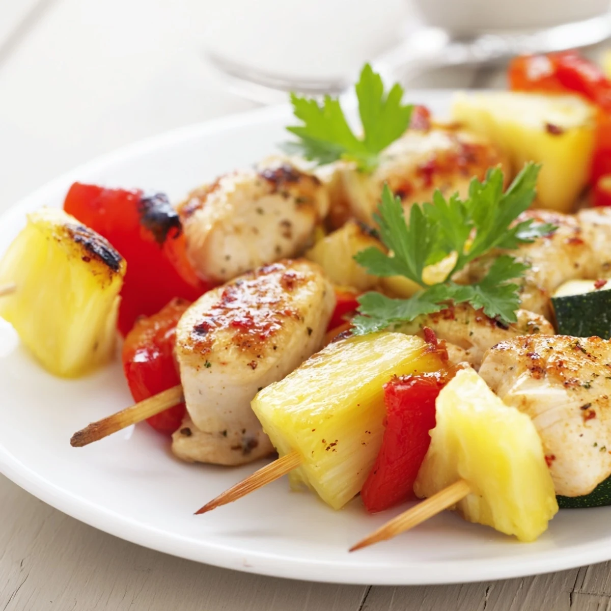 Juicy skewers of Grilled Chicken Kabobs With Pineapple And Zucchini, smoky aroma.