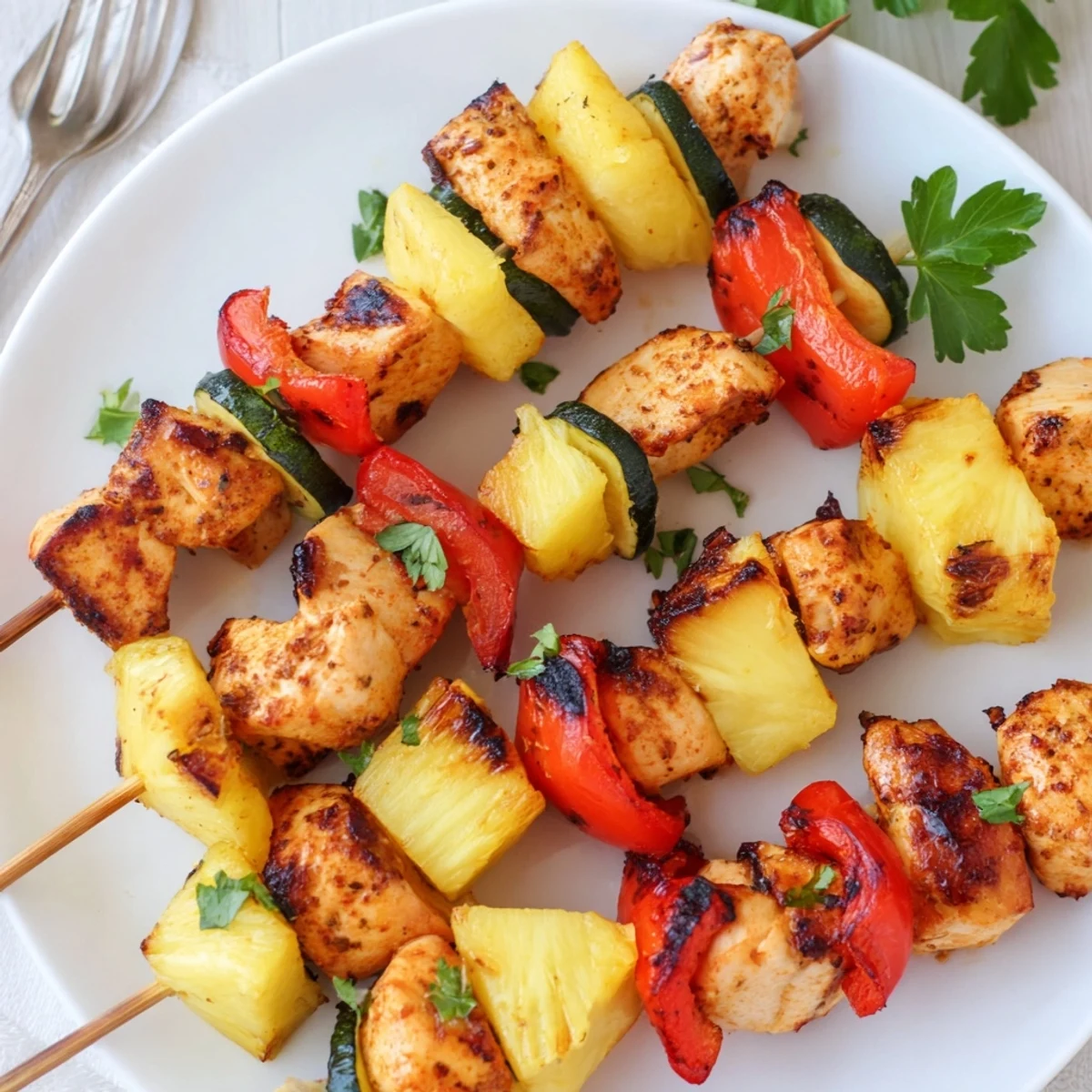 Citrus-spritzed Grilled Chicken Kabobs With Pineapple And Zucchini, warm on plate.
