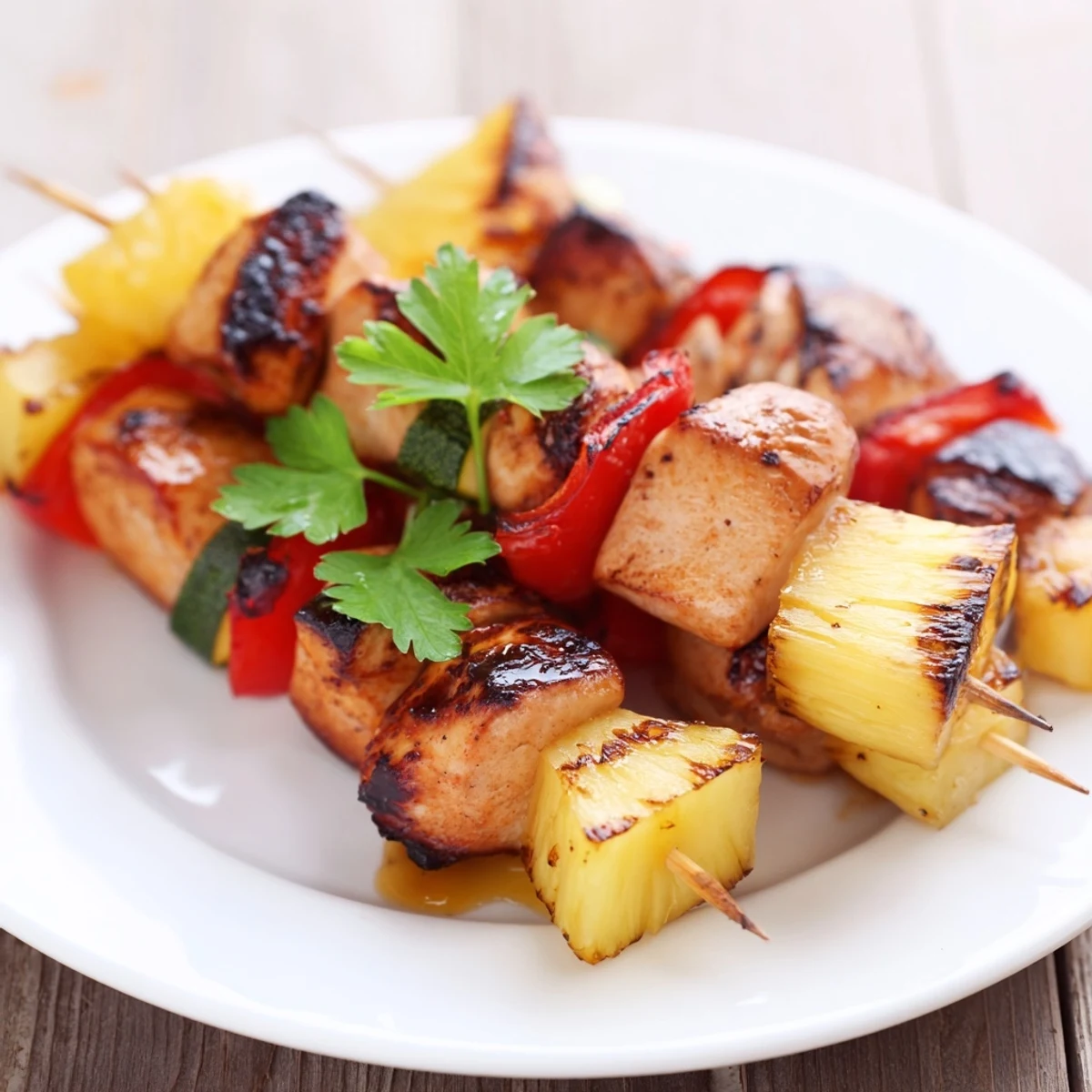 Grilled Chicken Kabobs With Pineapple And Zucchini sizzling on a charcoal grill.