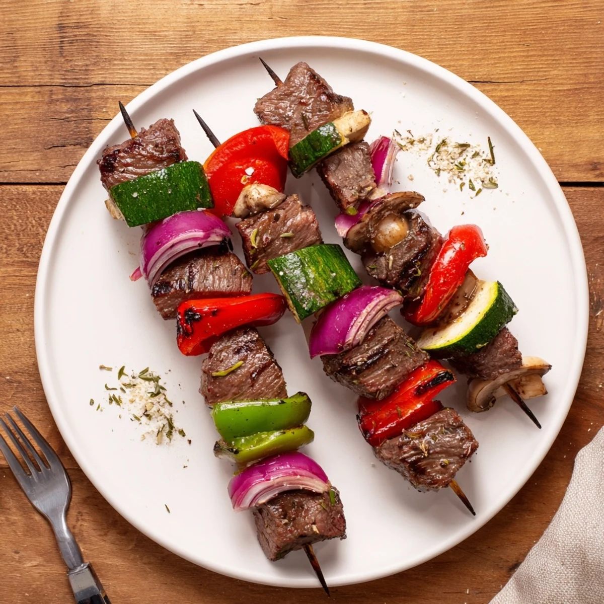 Grilled Steak Kabobs sizzling on the grill with charred peppers and onions