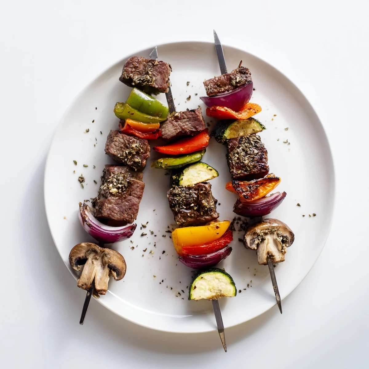 Tender cubes marinated, Grilled Steak Kabobs served over herbed rice