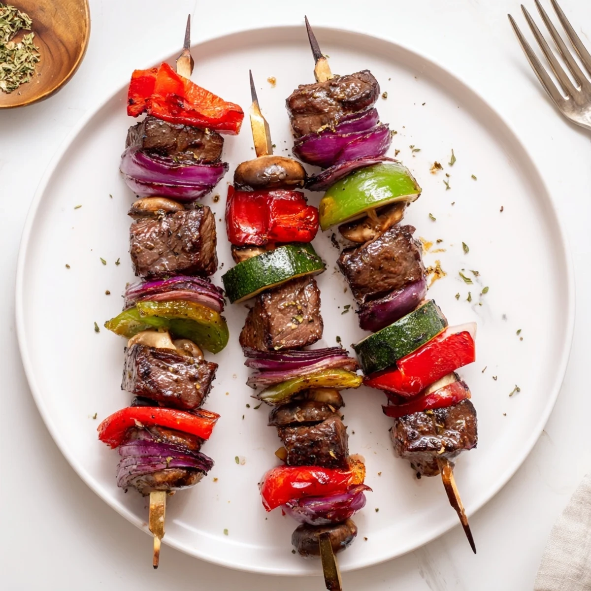 Juicy Grilled Steak Kabobs threaded with colorful veggies, smoky aroma, ready to serve