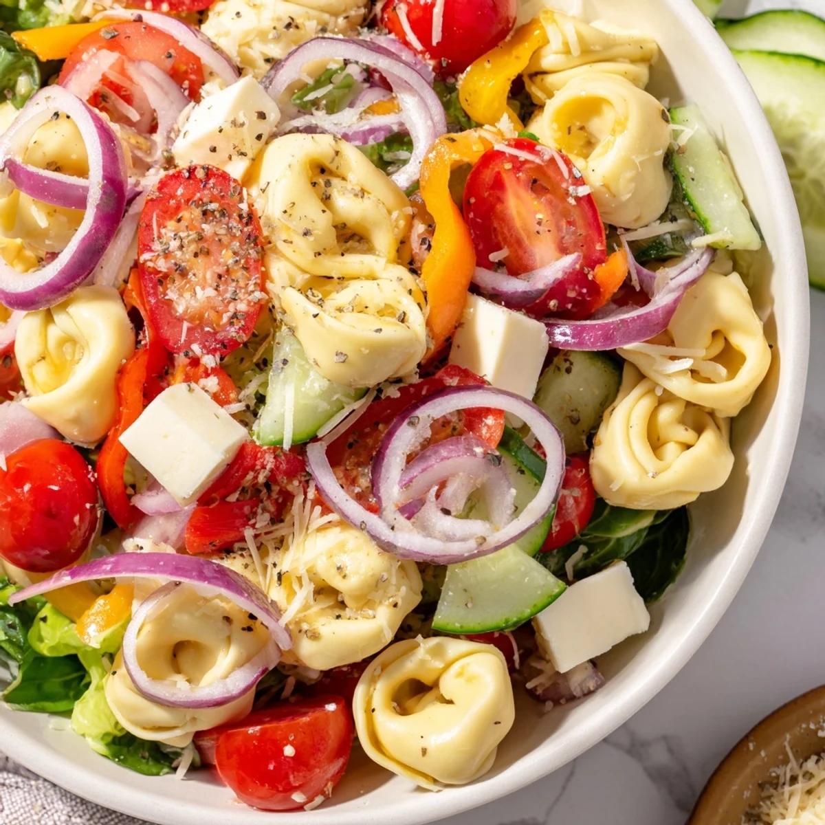 Colorful Fresh Grinder Tortellini Salad recipe with cheese tortellini, crisp vegetables and provolone tossed in zesty dressing