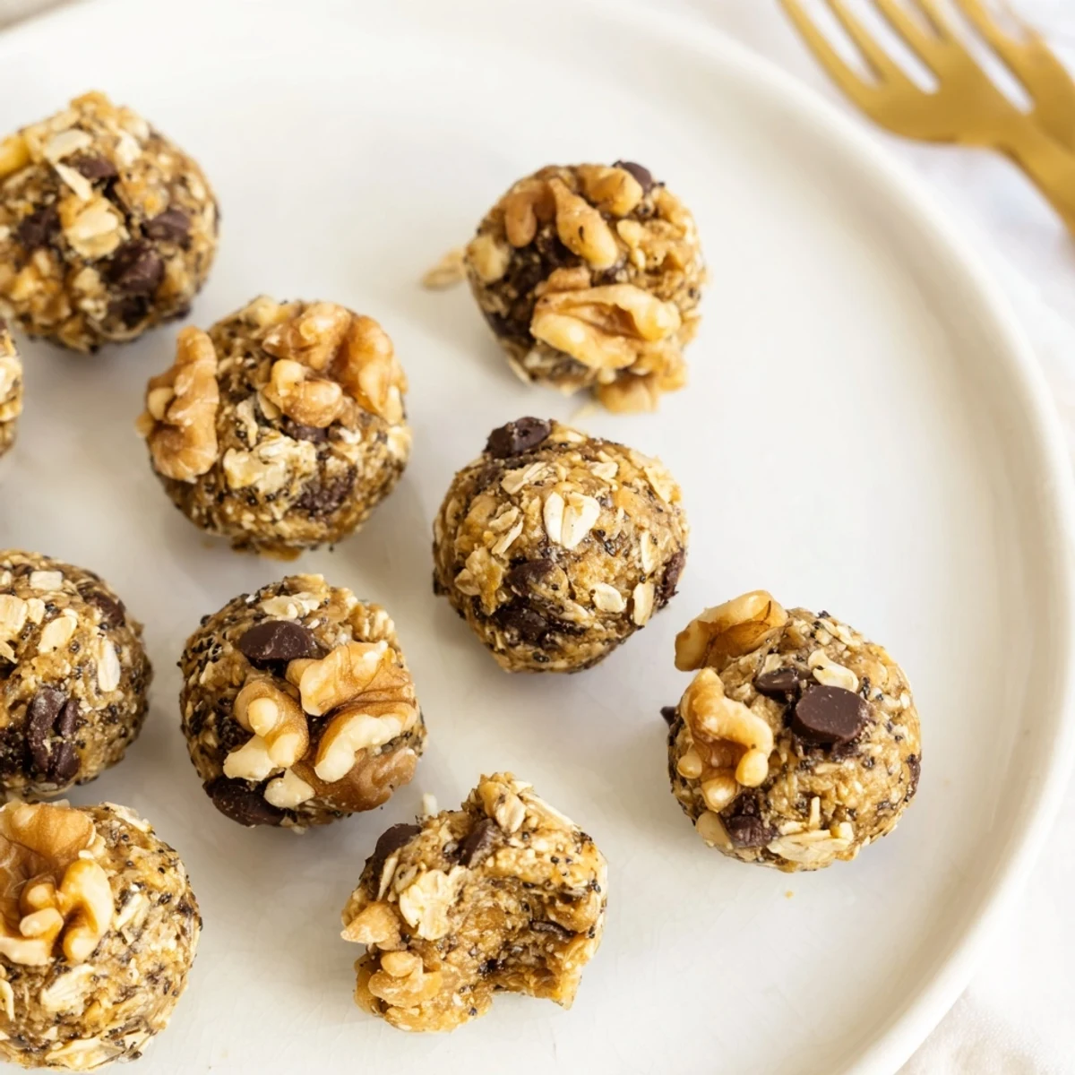 Bite-sized banana bread energy balls rolled with oats, dark chocolate chips, and chopped walnuts on a wooden board