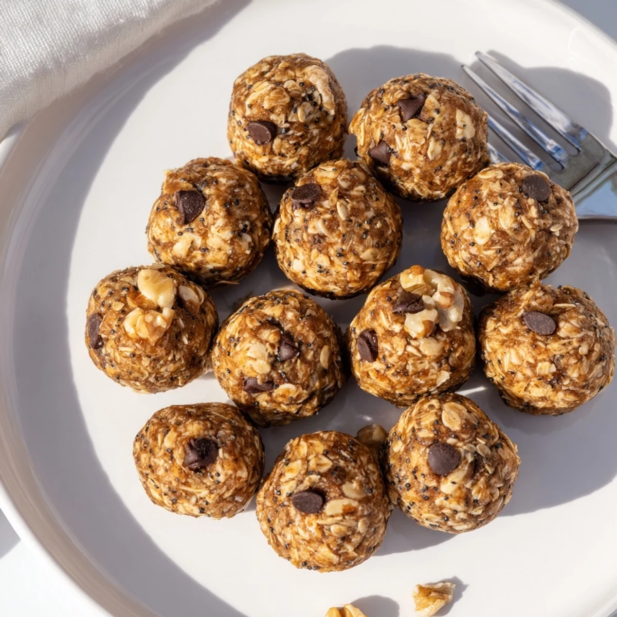 No-bake banana bread energy balls stacked on a white plate with melted chocolate swirls and cinnamon dusting