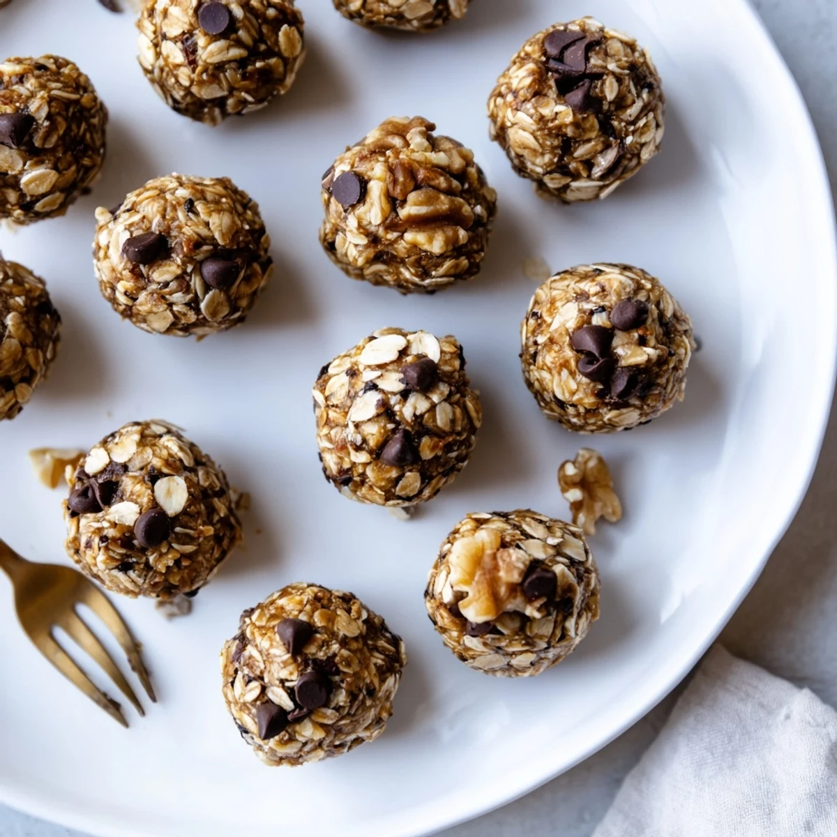 Homemade banana bread energy balls featuring creamy almond butter, ripe banana, and mini chocolate chips ready for snacking