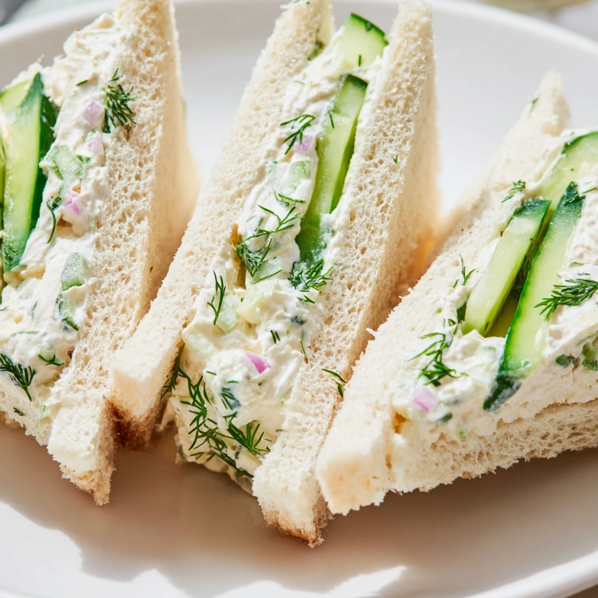 Cucumber salad sandwiches featuring creamy herb spread and crisp cucumber slices on soft white bread