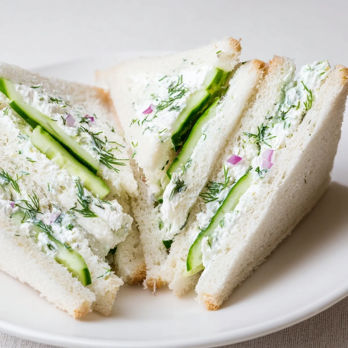 Quartered cucumber salad sandwiches arranged on a serving platter with fresh dill garnish