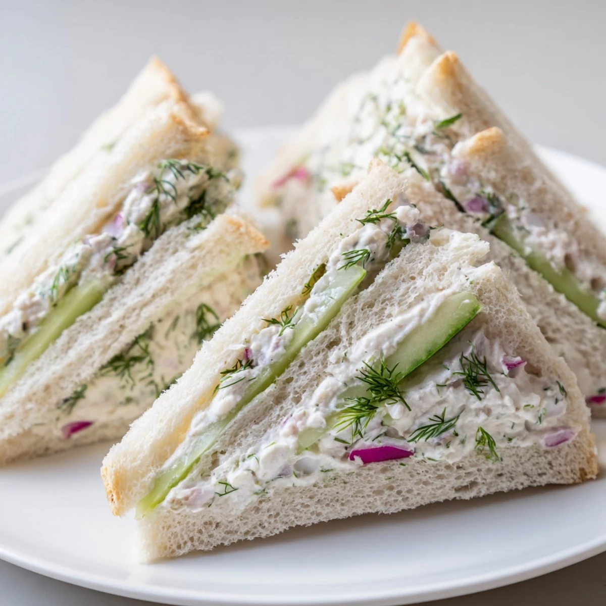 Tea-style cucumber salad sandwiches with red onion and cream cheese filling, crusts trimmed off