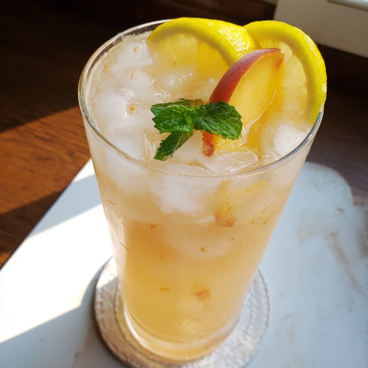 Tall ice-filled glass of refreshing fresh peach lemonade drink with floating fruit slices on summer afternoon