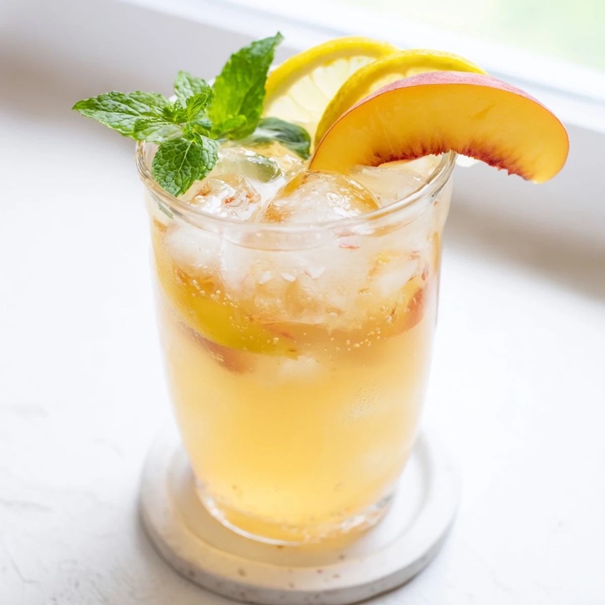 Glass pitcher of fresh peach lemonade garnished with peach slices and mint leaves on wooden table