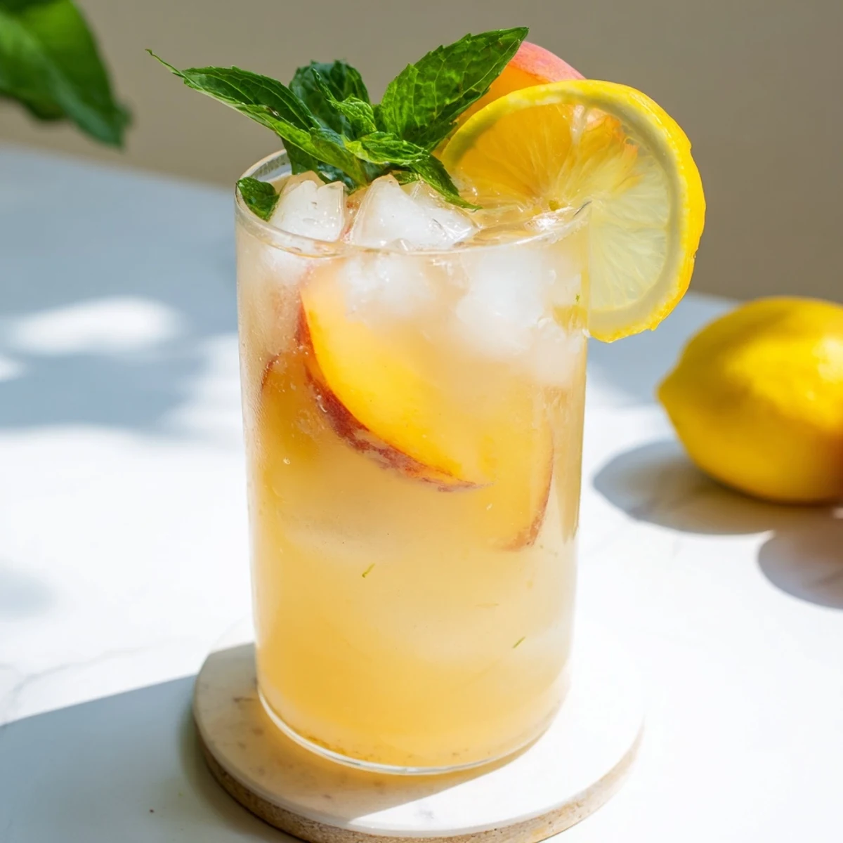 Homemade fresh peach lemonade with peach and lemon wedges resting on rim of clear glass pitcher