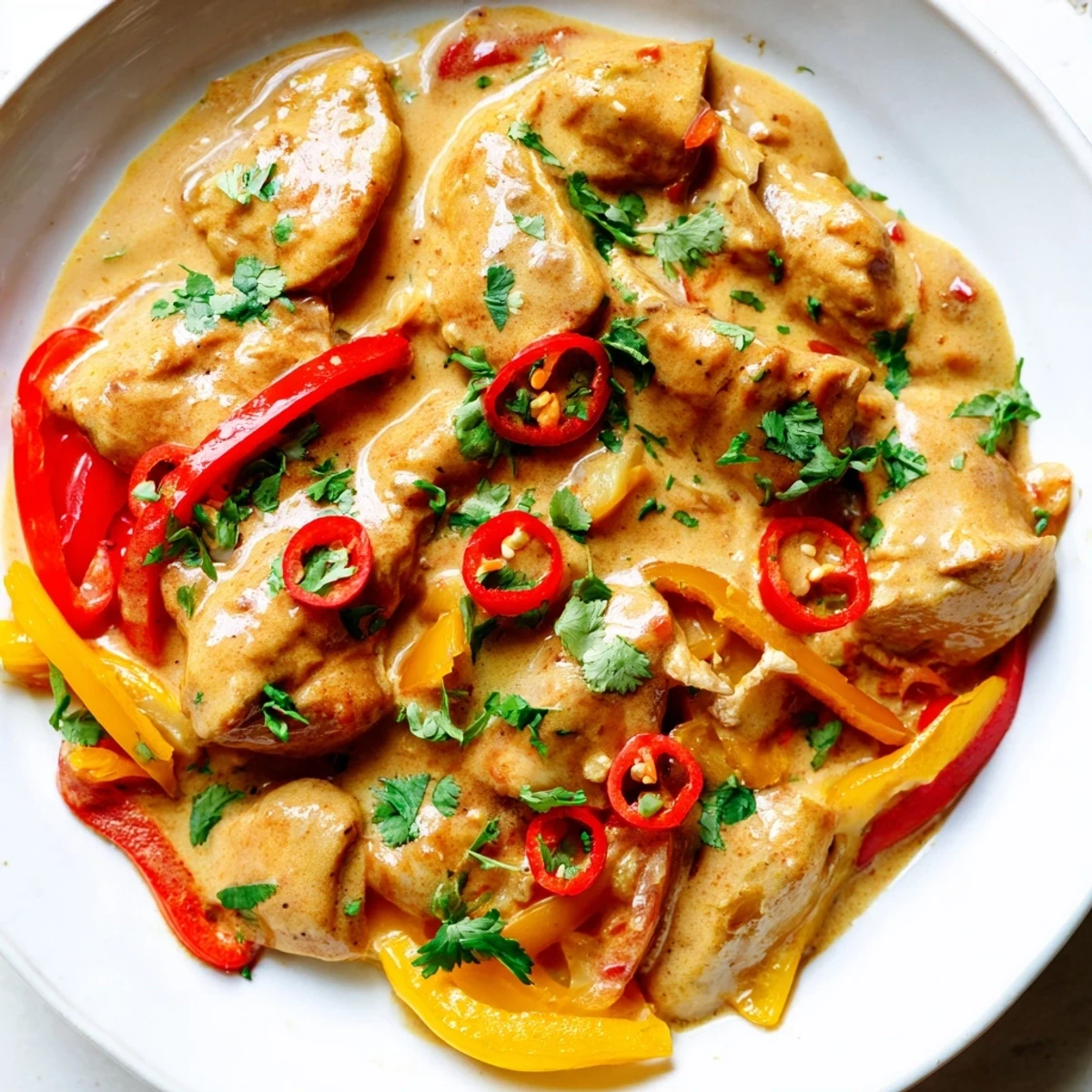 Golden chicken pieces simmer in rich spicy Brazilian coconut sauce with vibrant red and yellow bell peppers