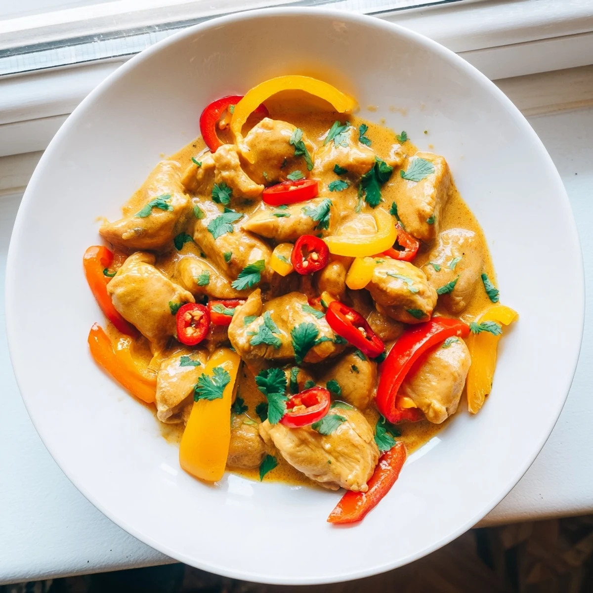Creamy coconut milk broth coats tender spicy Brazilian coconut chicken served over fluffy white rice with fresh cilantro