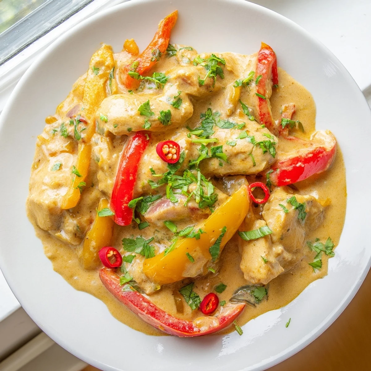 Savory chicken thigh pieces swim in aromatic spicy coconut sauce garnished with lime wedges and green cilantro leaves