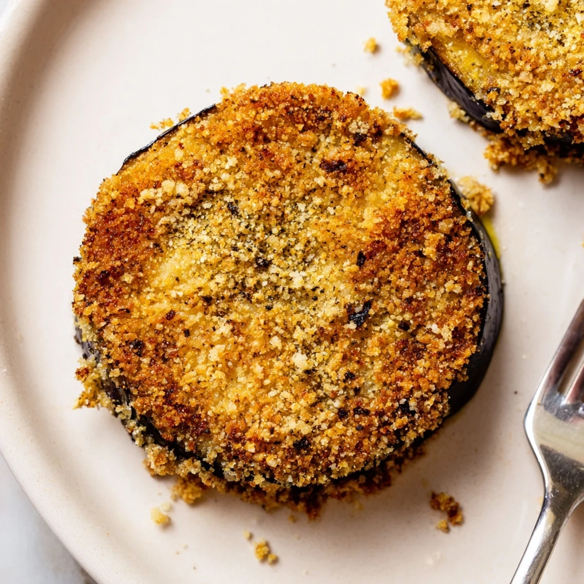 Crispy Baked Eggplant arranged on parchment, golden edges and visible breadcrumb crust