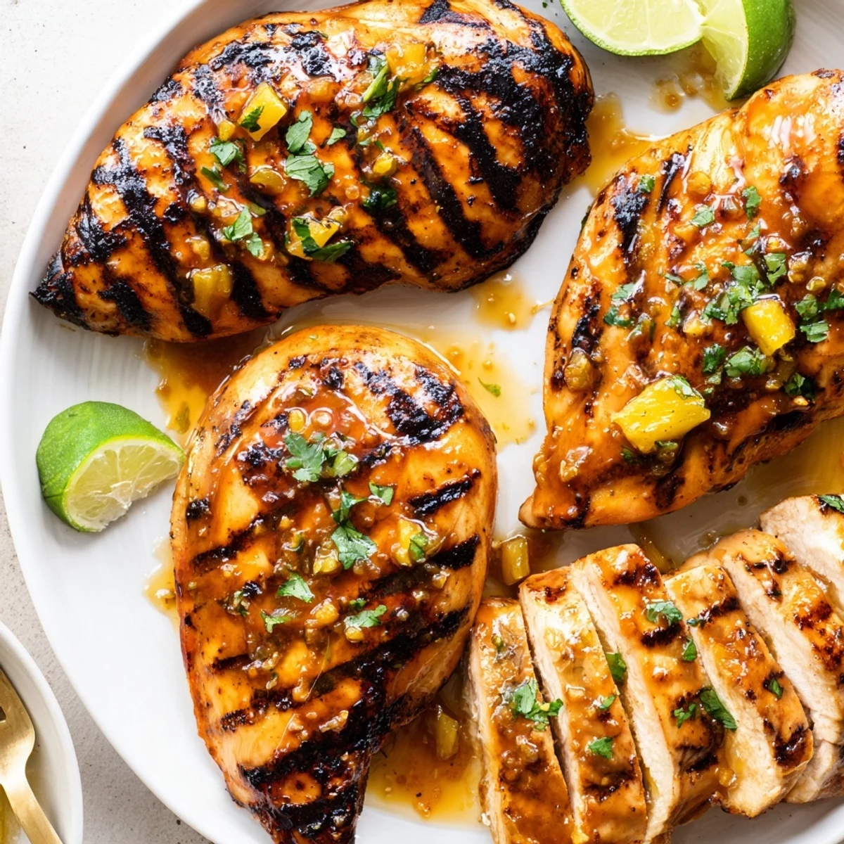 Key West Grilled Chicken With Tropical Citrus Marinade, charred juicy, lime wedges  