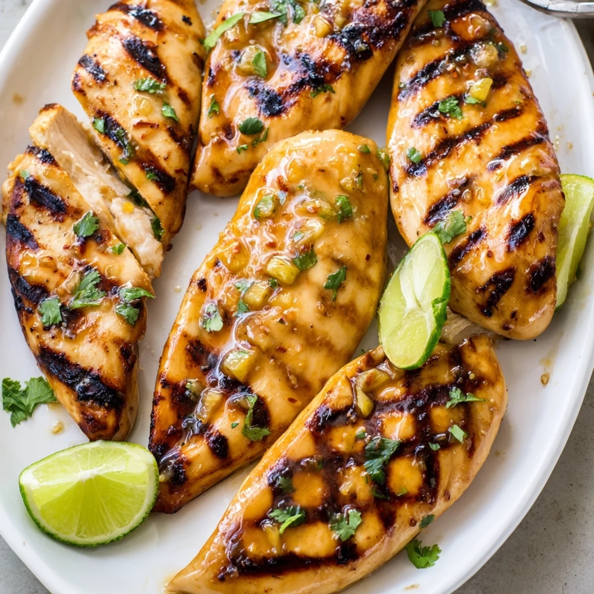 Key West Grilled Chicken With Tropical Citrus Marinade resting, cilantro garnish, bright aroma  