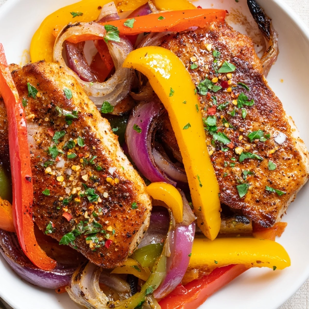 One Pan Chicken And Peppers served hot over fluffy rice with parsley
