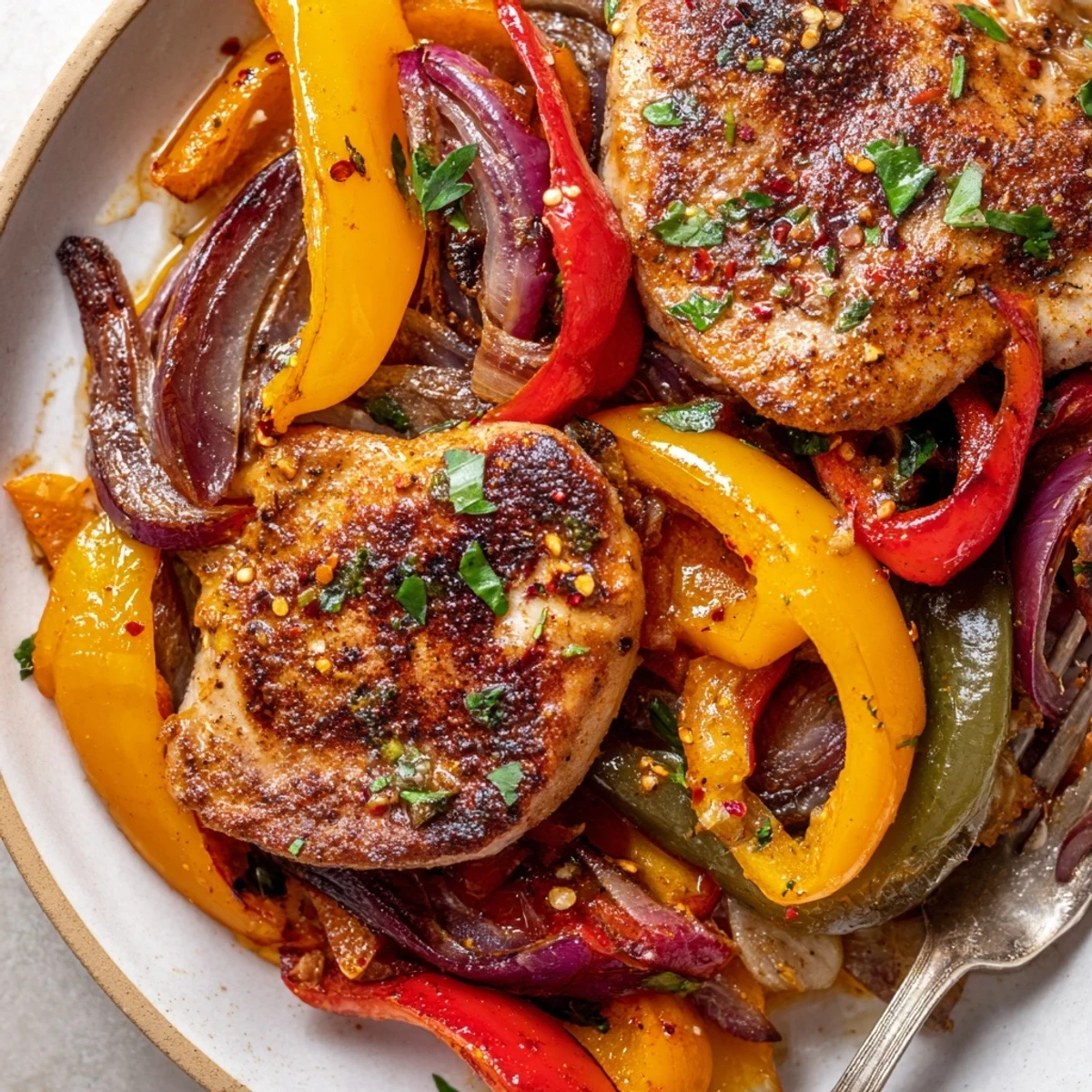 Weeknight One Pan Chicken And Peppers with smoky paprika, garlic, sizzling skillet
