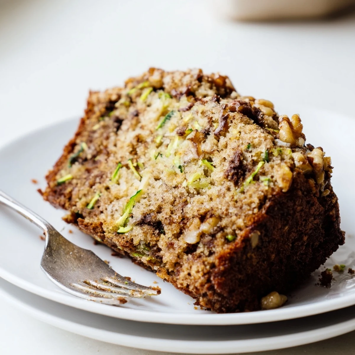 Loaf pan of Zucchini Banana Bread studded with walnuts, cooling on rack