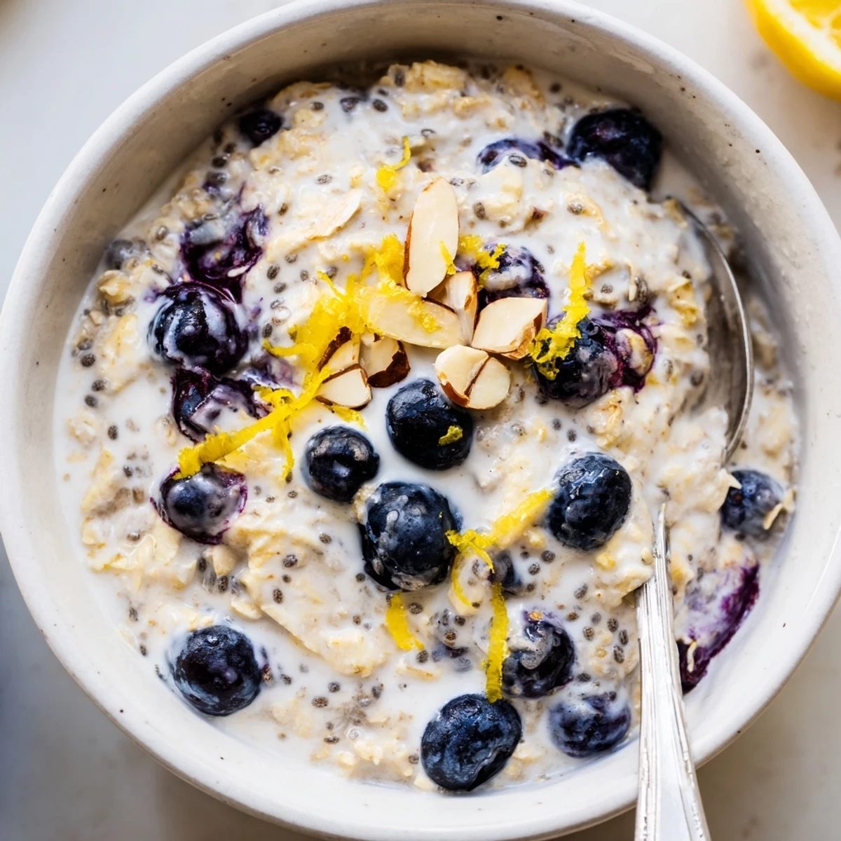 Creamy Blueberry Lemon Overnight Oats in jar, juicy blueberries and bright lemon  