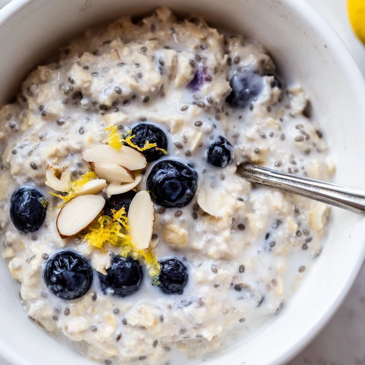 Chilled Blueberry Lemon Overnight Oats spoonful showing creamy texture and fresh blueberries