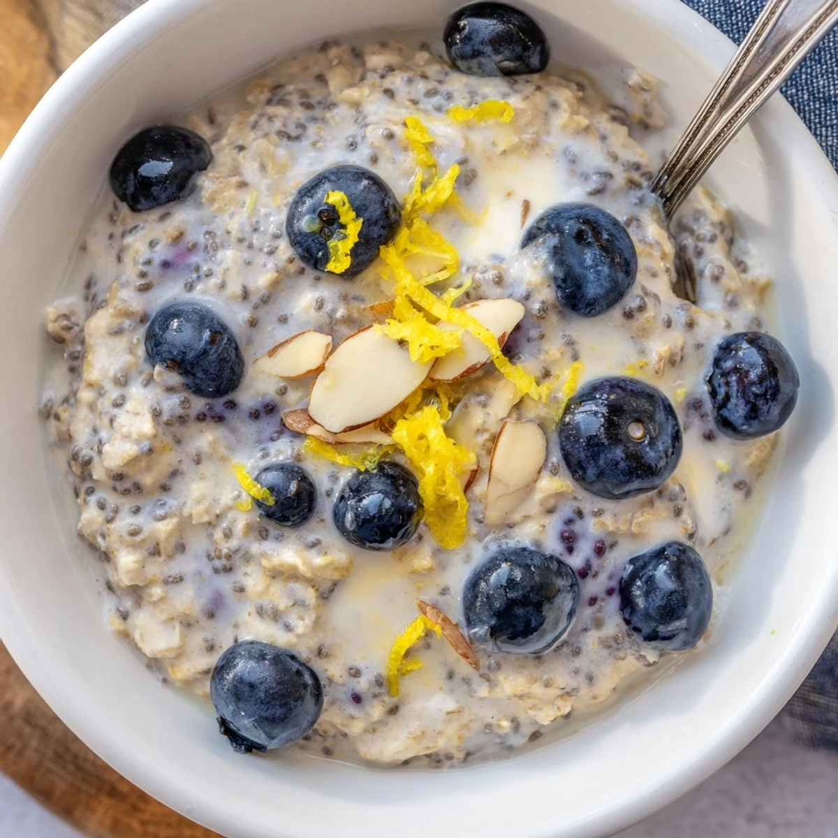Make-ahead Blueberry Lemon Overnight Oats topped with crunchy almonds and lemon zest  