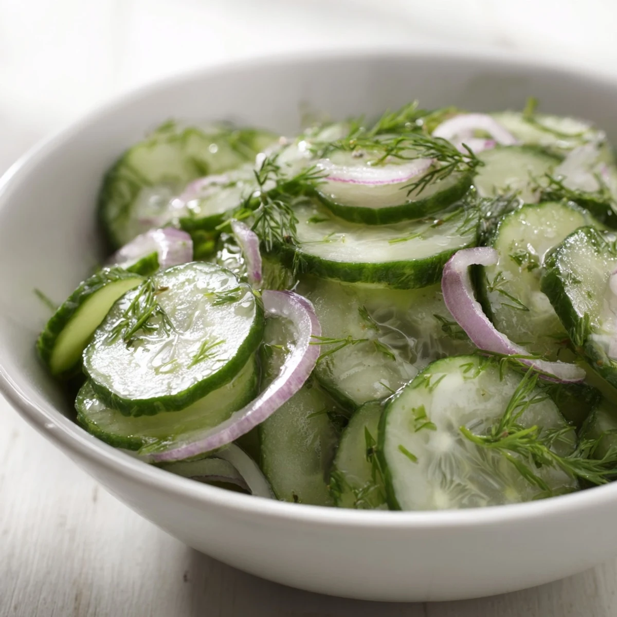 Cucumber Salad glistening with dill and tangy dressing, chilled summer side