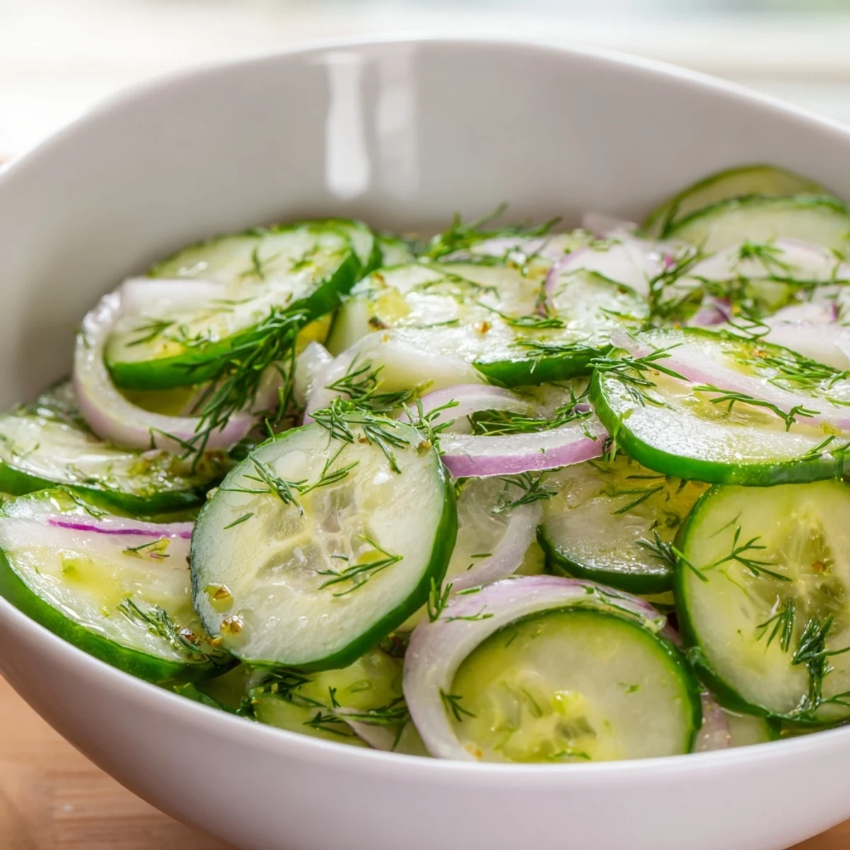Bright Cucumber Salad served alongside grilled chicken, tangy vinegar and olive oil