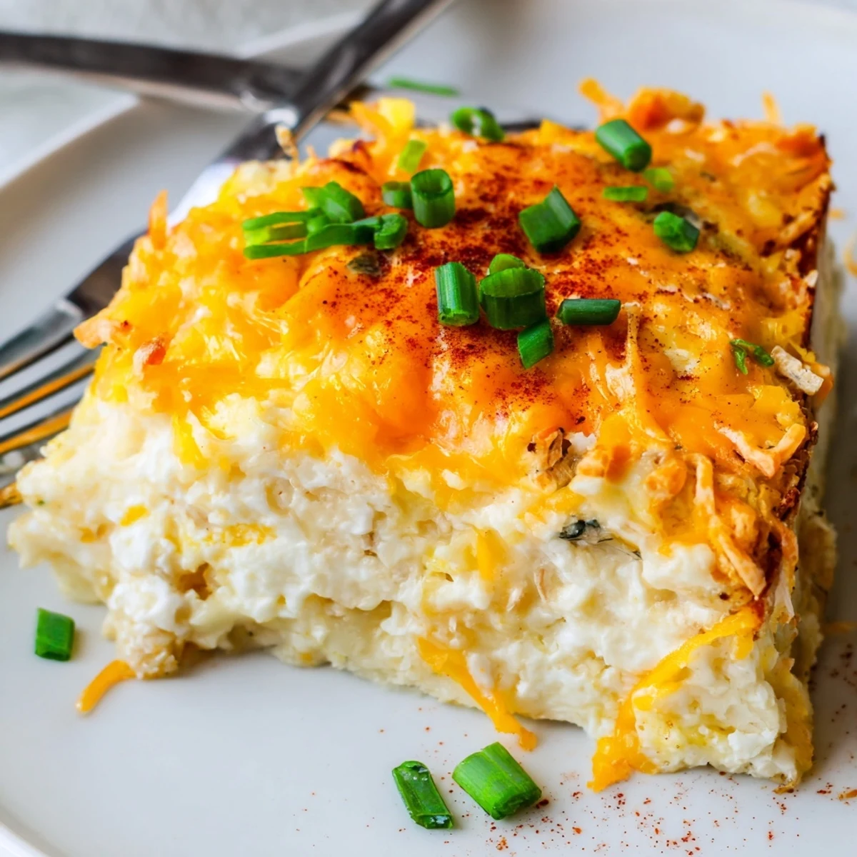 A slice of Cheesy Cottage Cheese Eggcloud Bake shows airy, custardy center