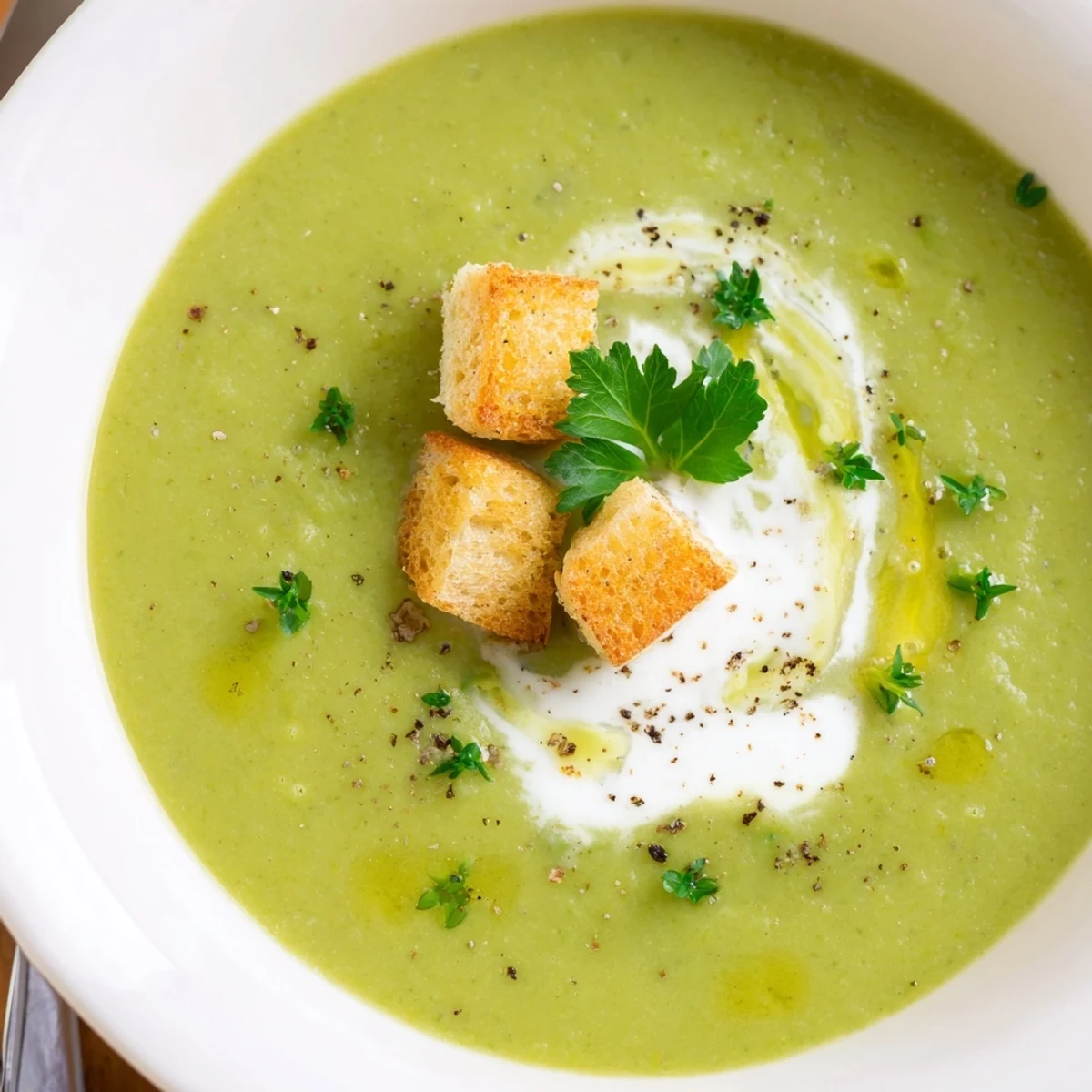Bright green Pea Soup pureed smooth, served with crusty bread and croutons