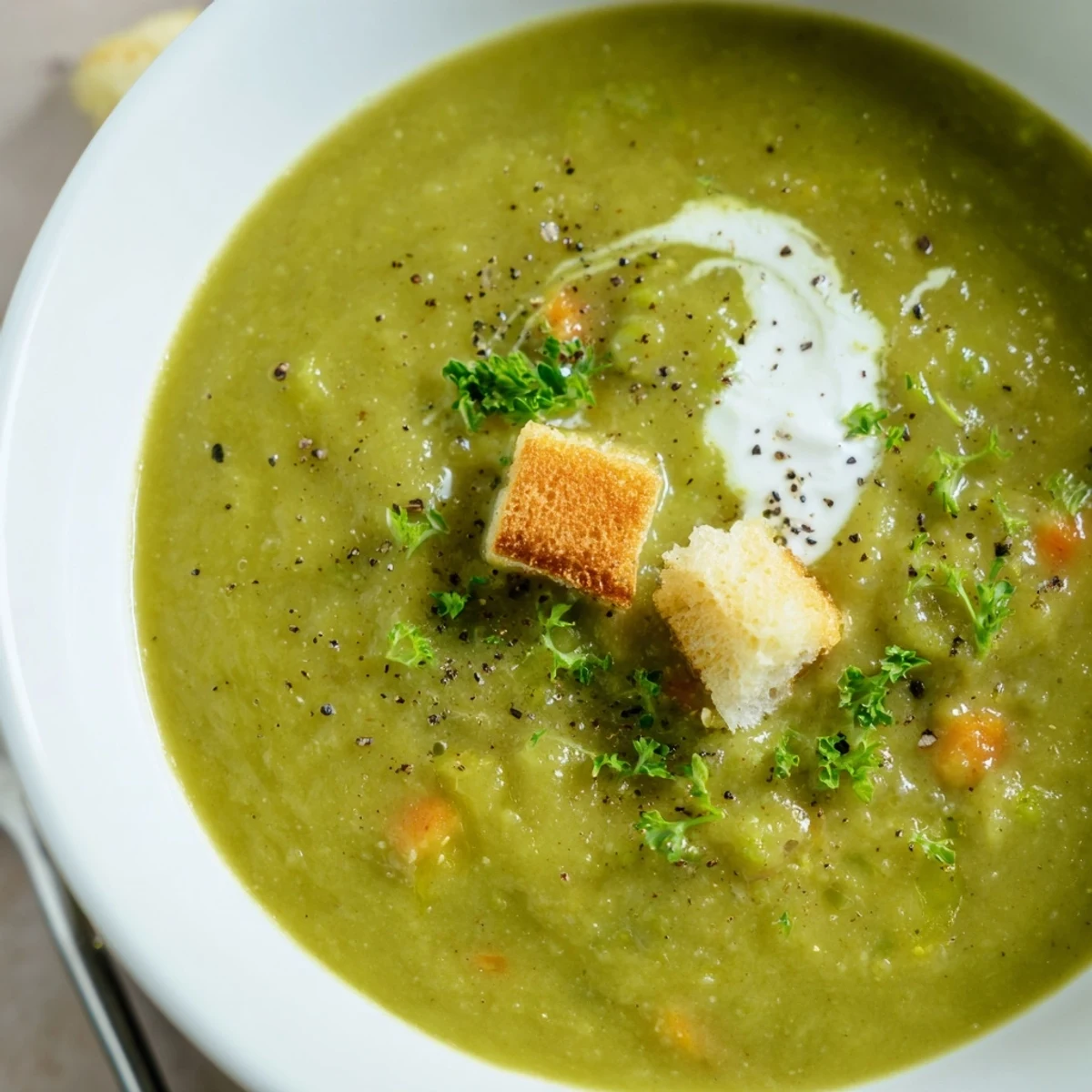 Creamy Pea Soup steaming in bowl, garnished with crème fraîche and parsley