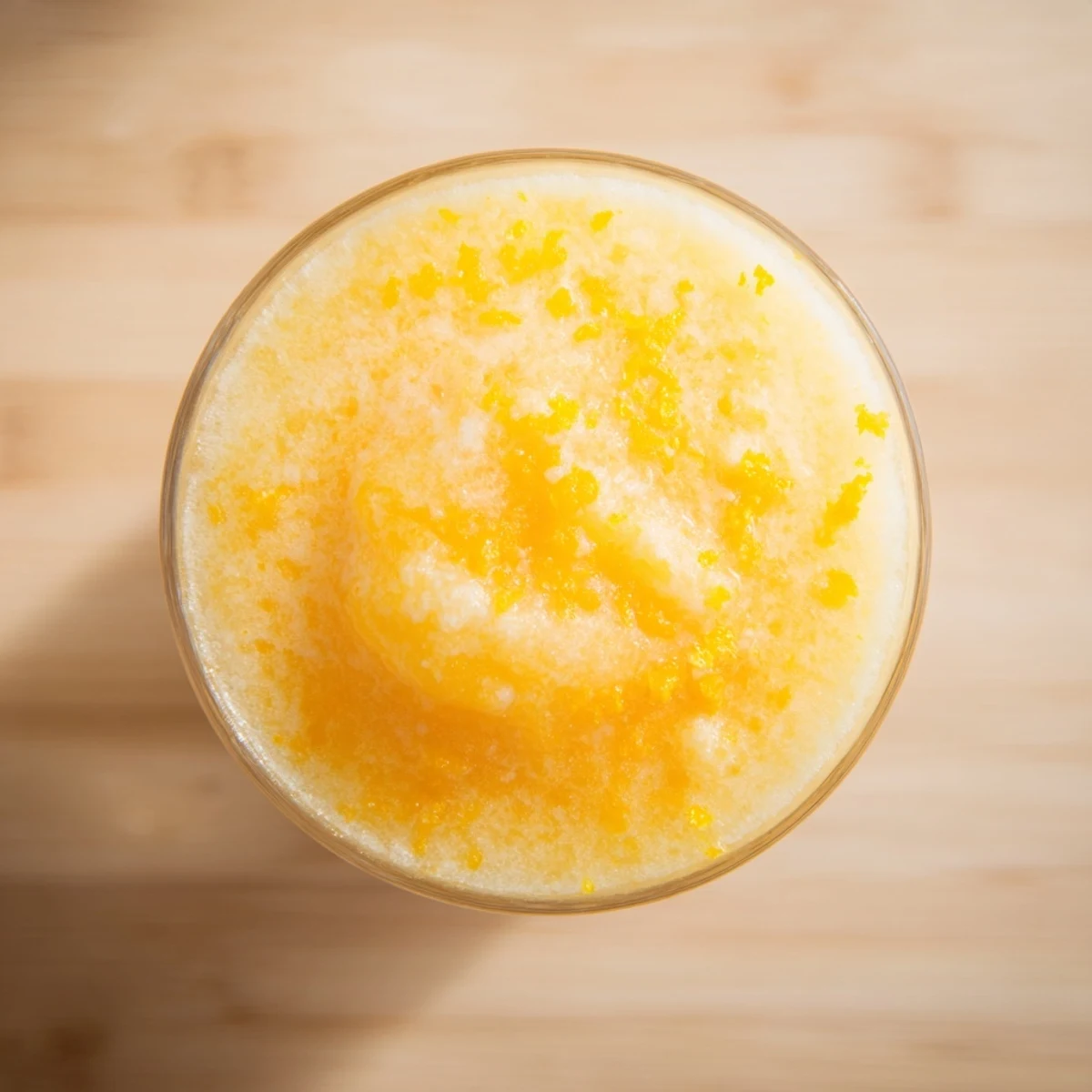 Creamy orange slush drink blended with vanilla ice cream and ice crystals on wooden table