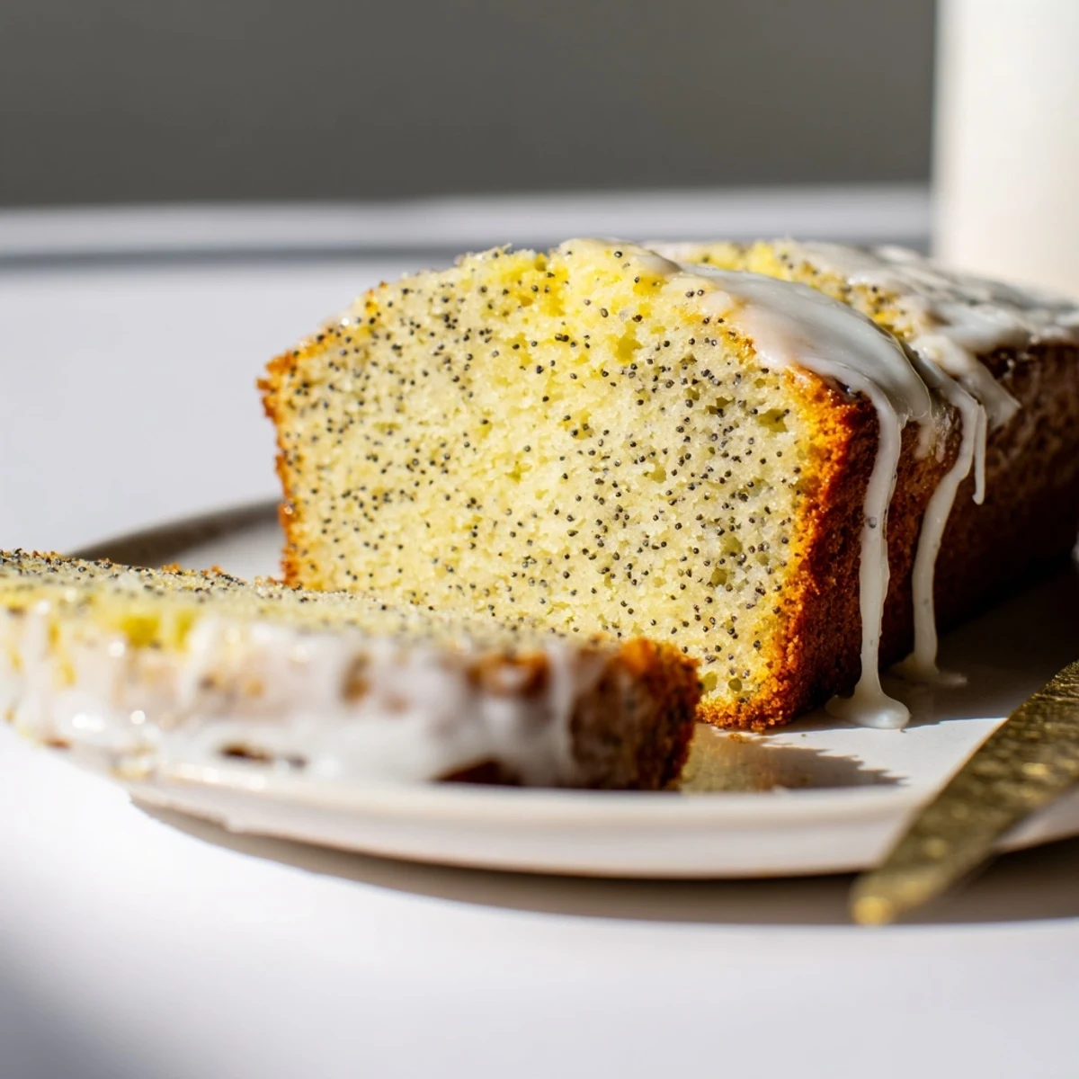 Golden lemon poppy seed loaf cake drizzled with white glaze on a white plate