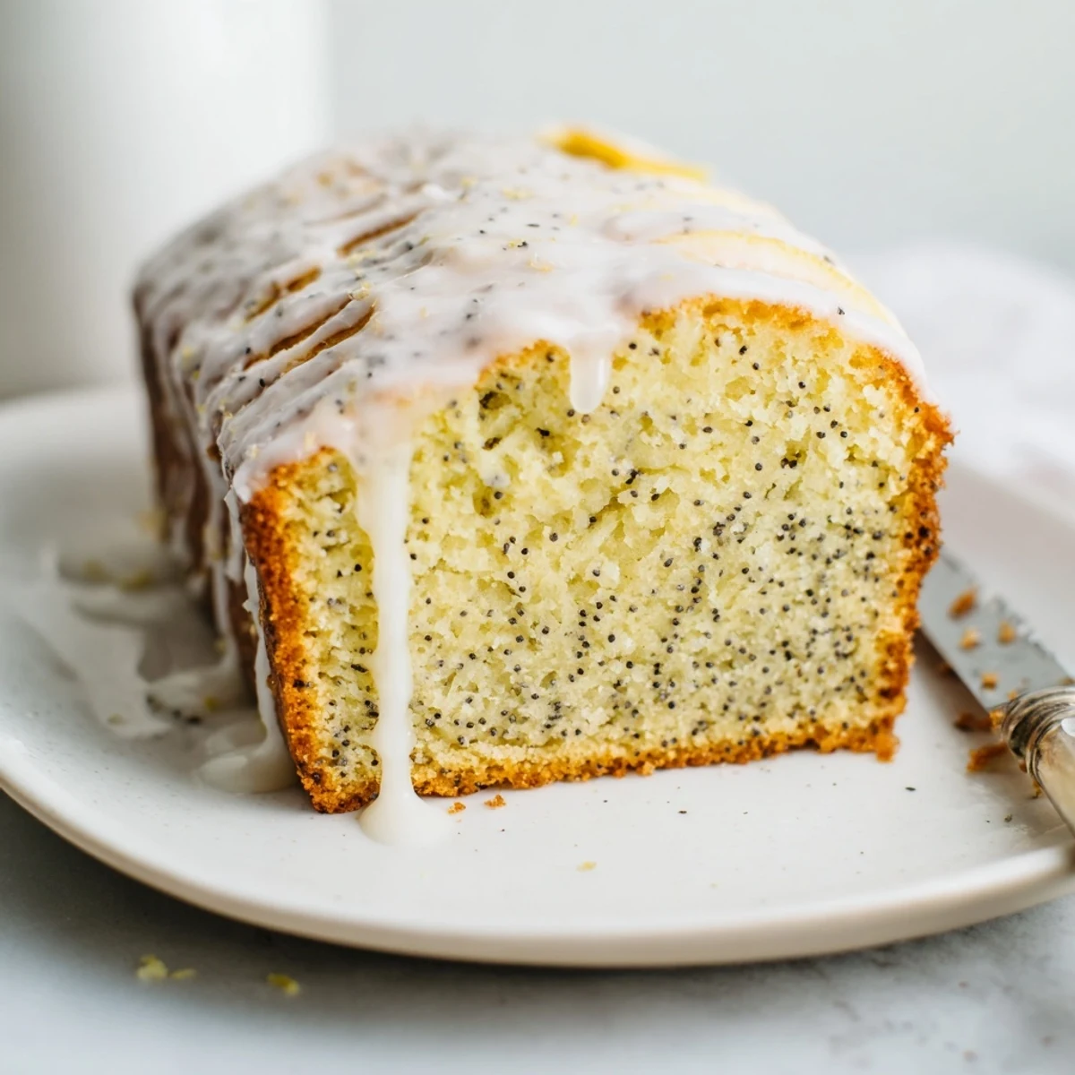 Moist lemon poppy seed cake slice with powdered sugar glaze and fresh lemon zest