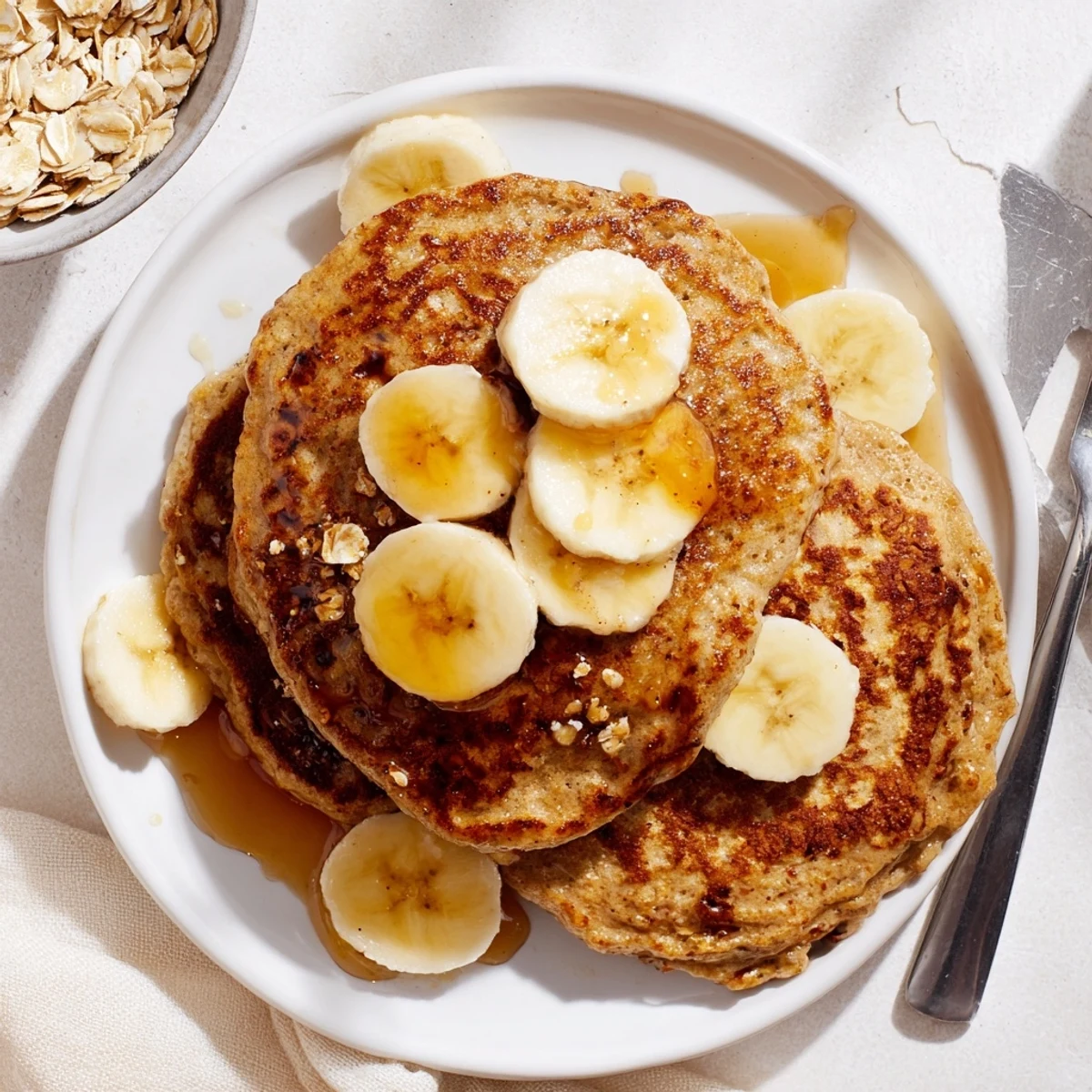 Golden brown stack of fluffy protein banana pancakes topped with fresh berries and maple syrup