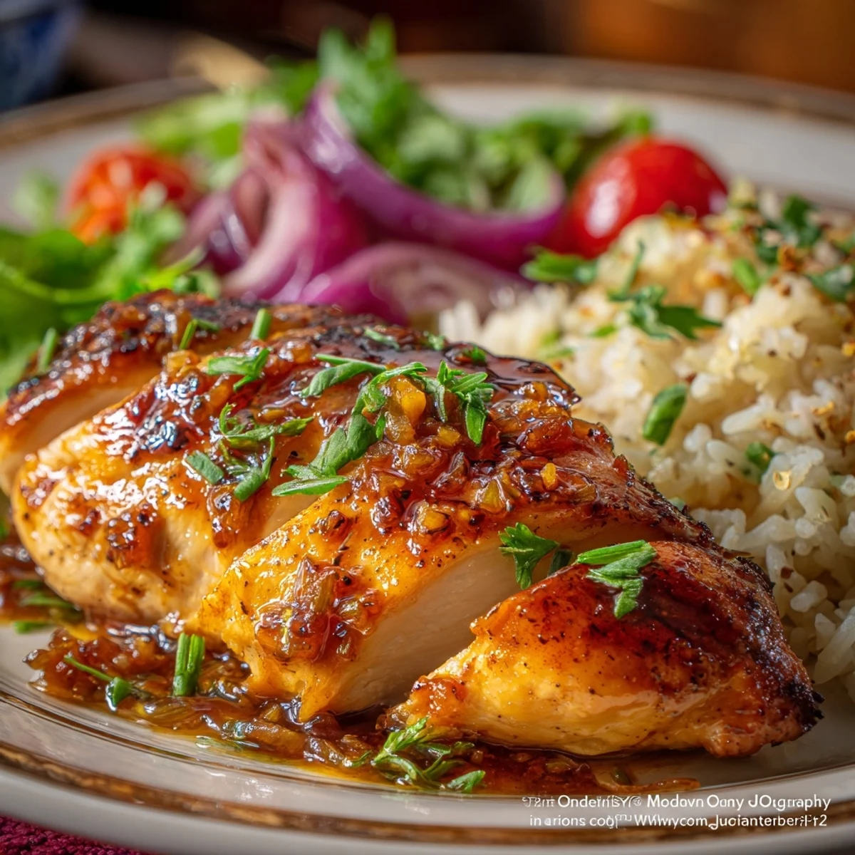 Juicy seasoned chicken resting atop a bed of red tomatoes and bright green spinach leaves