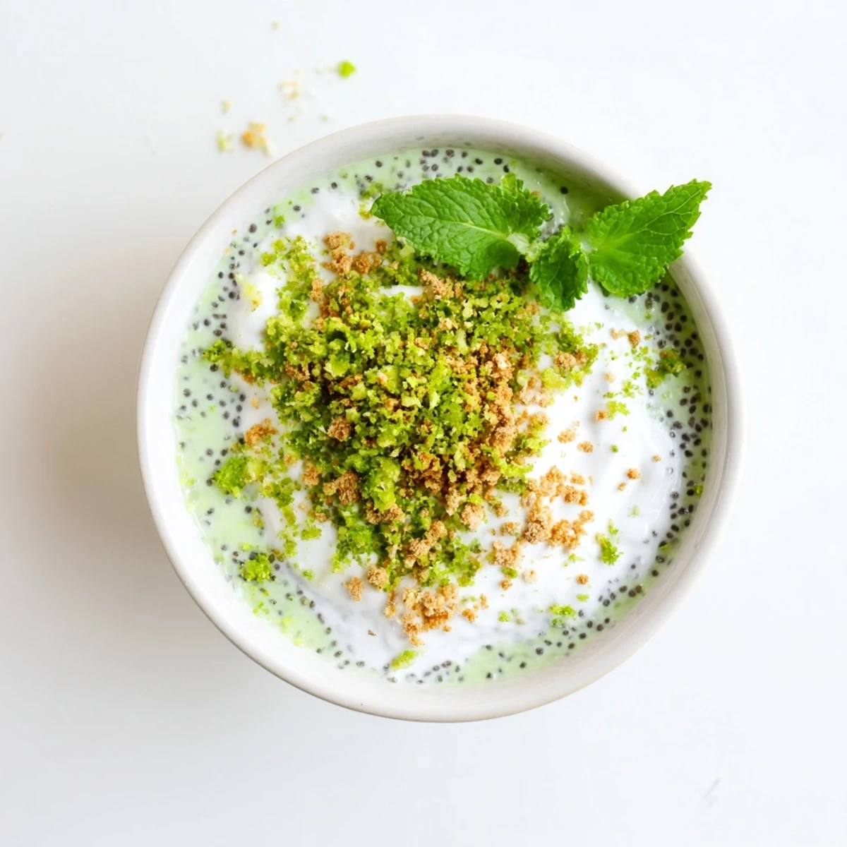 Vegan key lime chia pudding in glass bowls with crushed graham crackers and green lime garnish