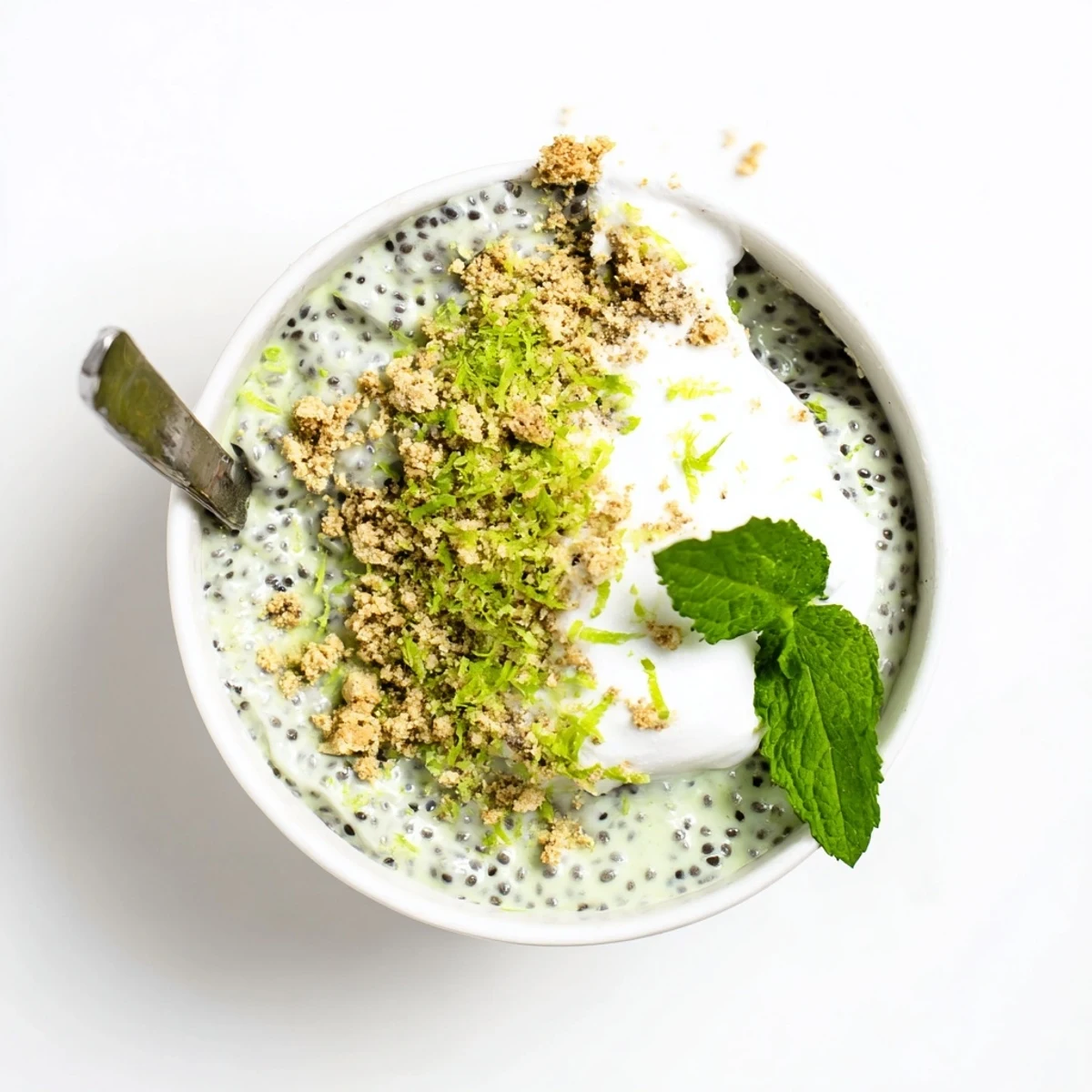 Creamy key lime chia pudding topped with coconut yogurt, fresh lime zest, and mint leaves