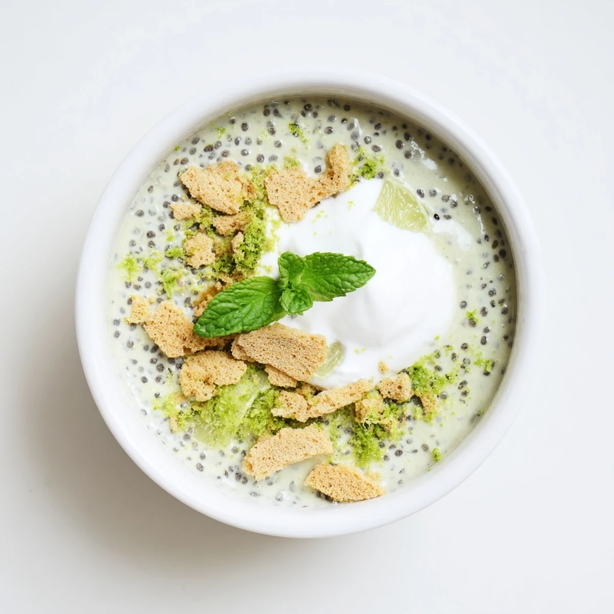 Tangy green key lime chia pudding dessert with white chia seeds and refreshing citrus aroma