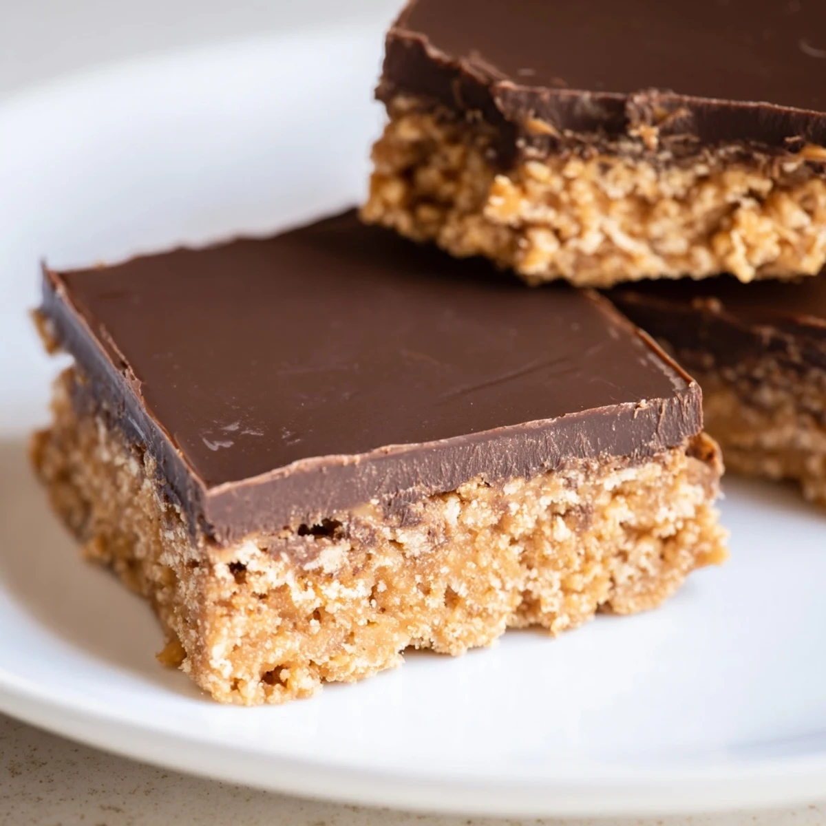 Golden no-bake peanut butter bars layered with smooth chocolate ganache topping on a white plate