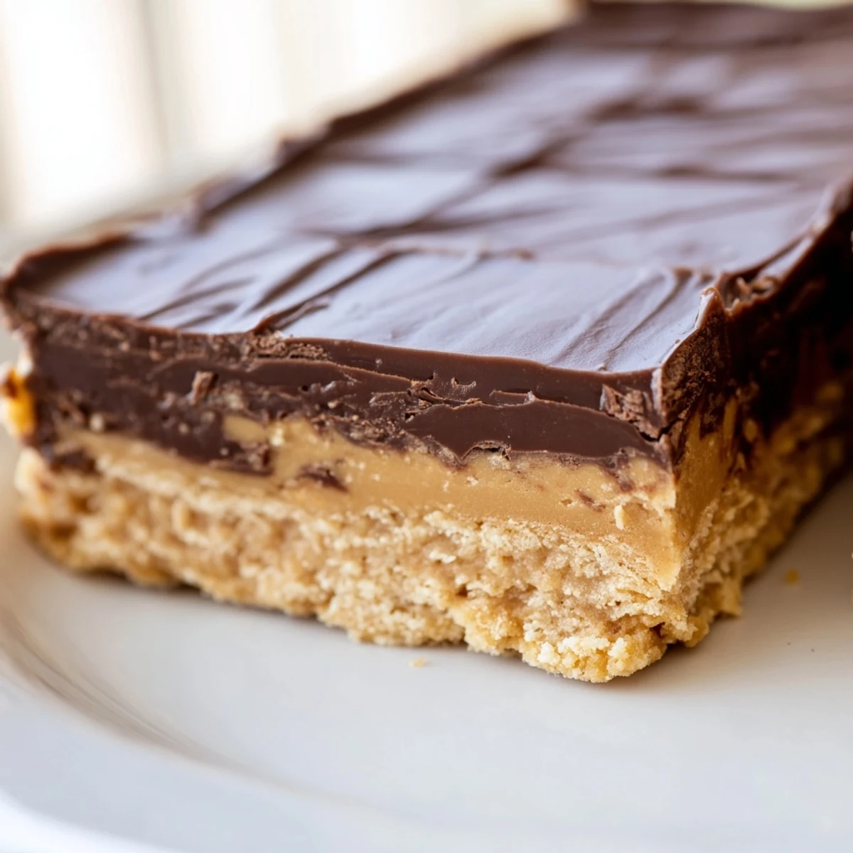 Rich chocolate-topped peanut butter bars displayed on serving tray with smooth texture and layered appearance