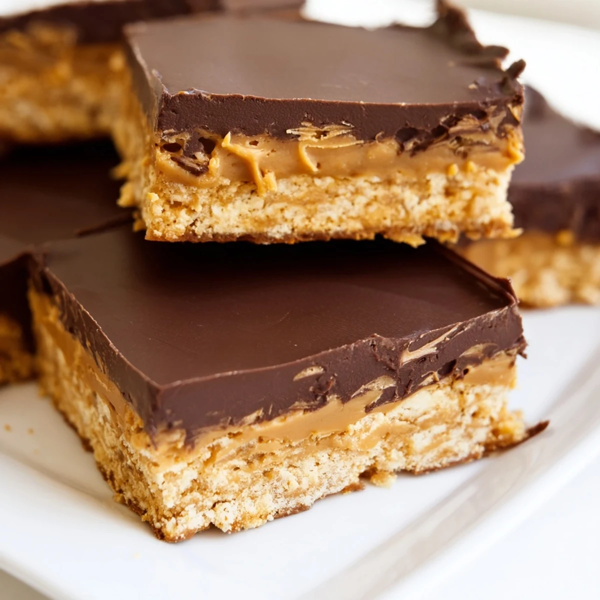 Creamy peanut butter dessert bars sliced into squares with rich chocolate glaze and graham cracker crust